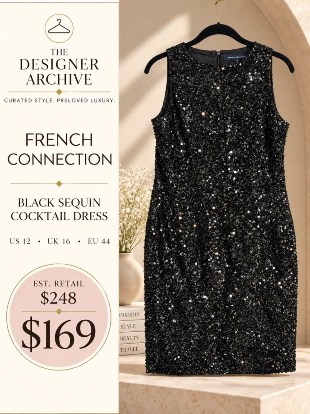 French Connection Black Sequin Cocktail Sheath Dress US 12